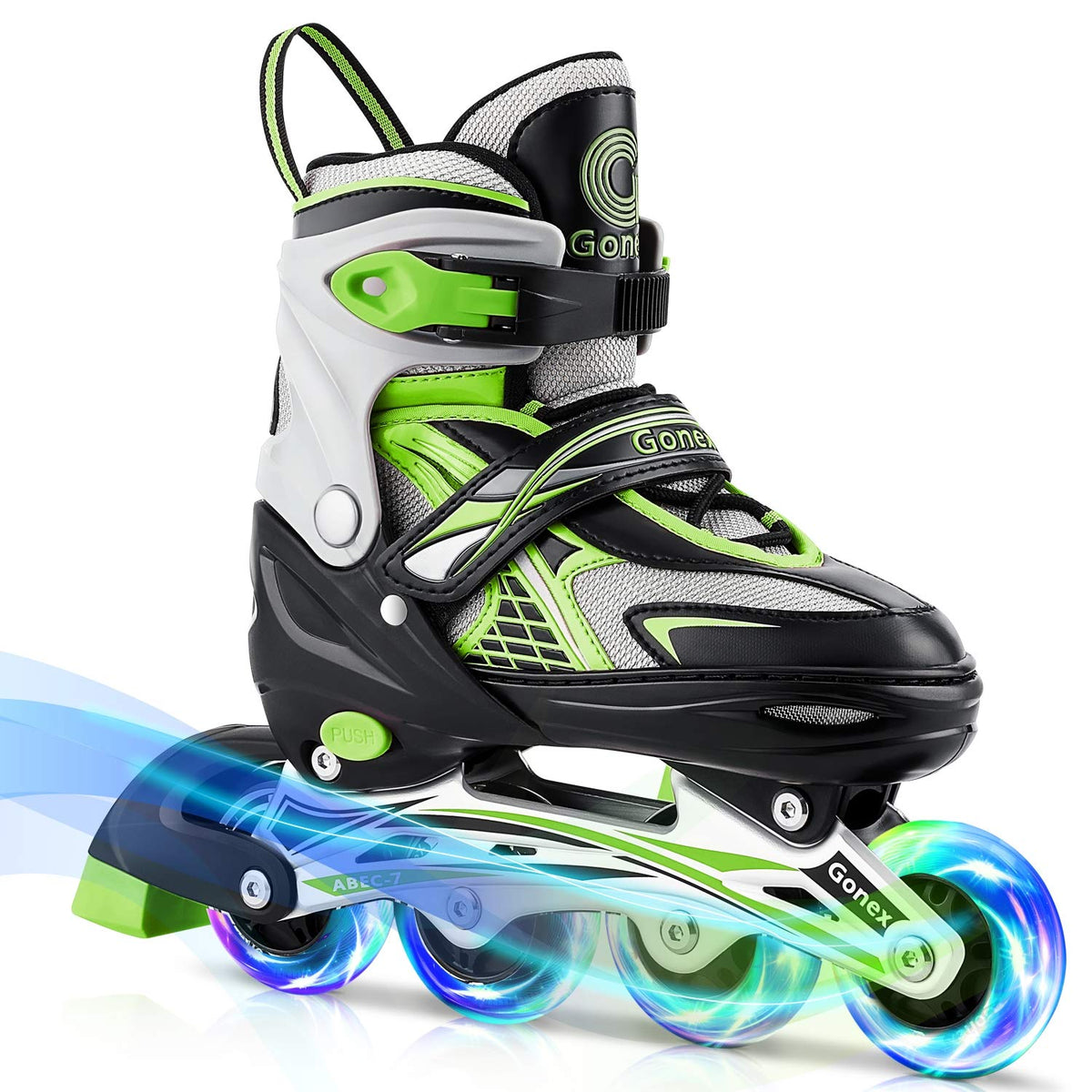 Gonex front view of skates showing adjustable cuff and comfortable padding