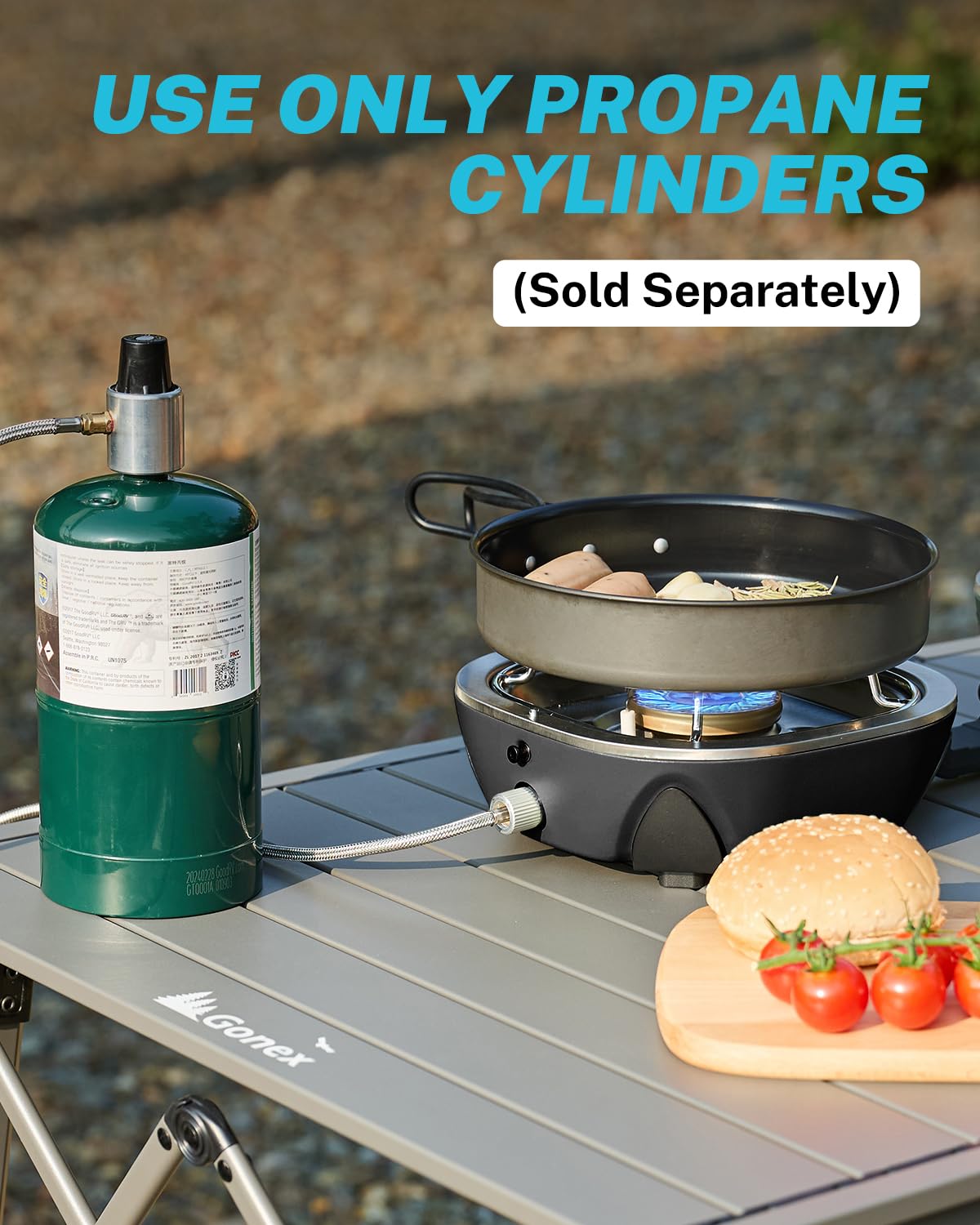 Gonex stove connected to propane cylinder showing ready-to-cook convenience