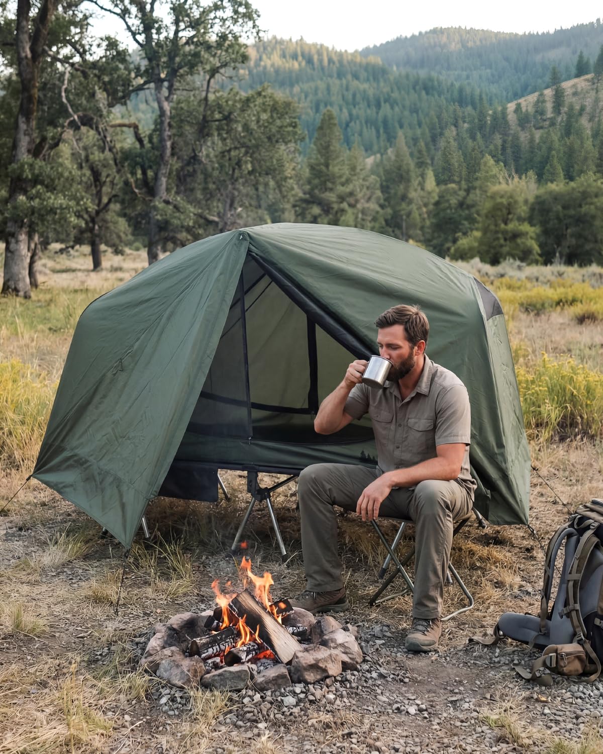 Gonex lifestyle shot with camper relaxing, portable sleeping comfort benefit