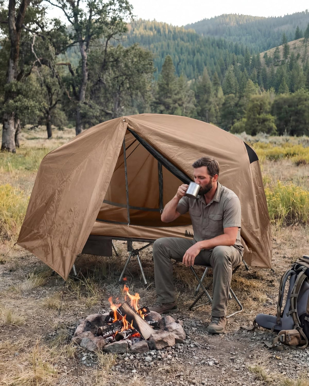 Gonex lifestyle campsite setup showing elevated shelter for dry sleep