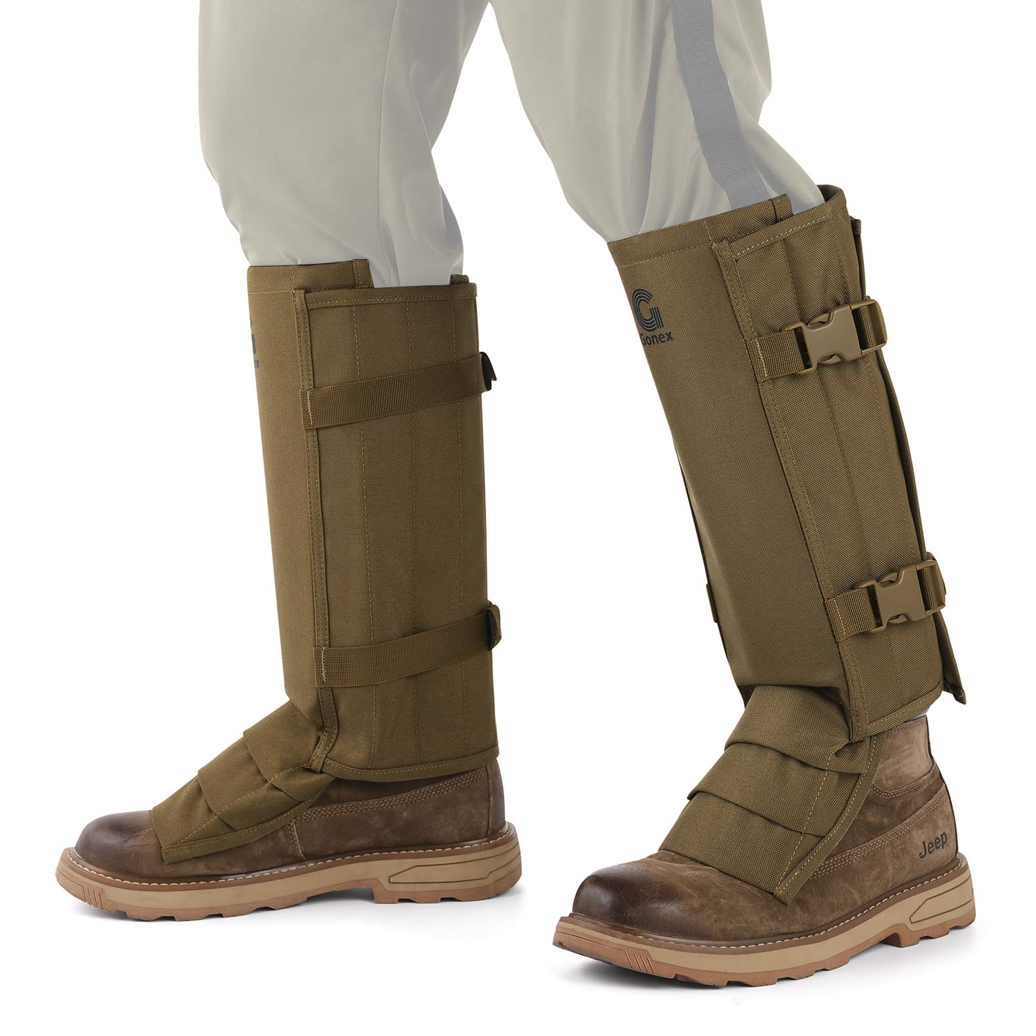 Gonex lifestyle image of hiker wearing gaiters in woods showing practical field use