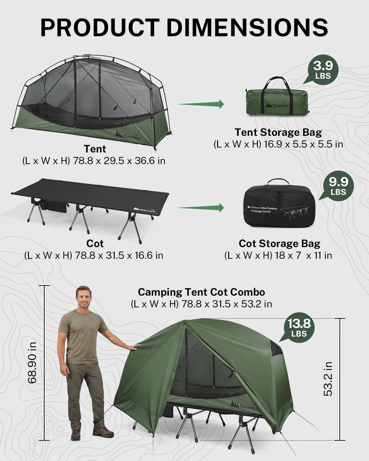 Gonex cot and tents packed in carry bags, compact storage benefit
