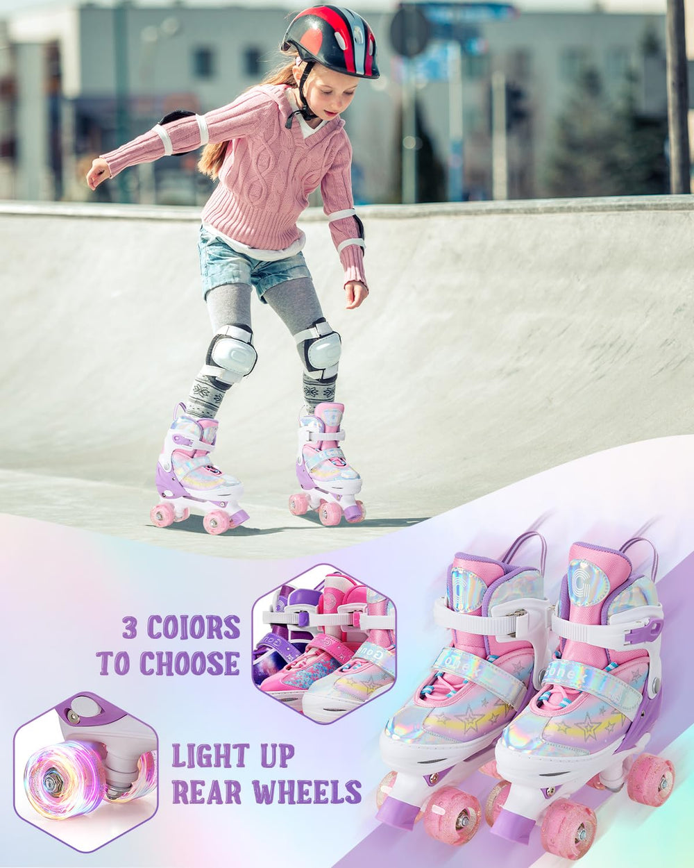 Gonex skate next to a child’s foot showing size range and growth-saving benefit