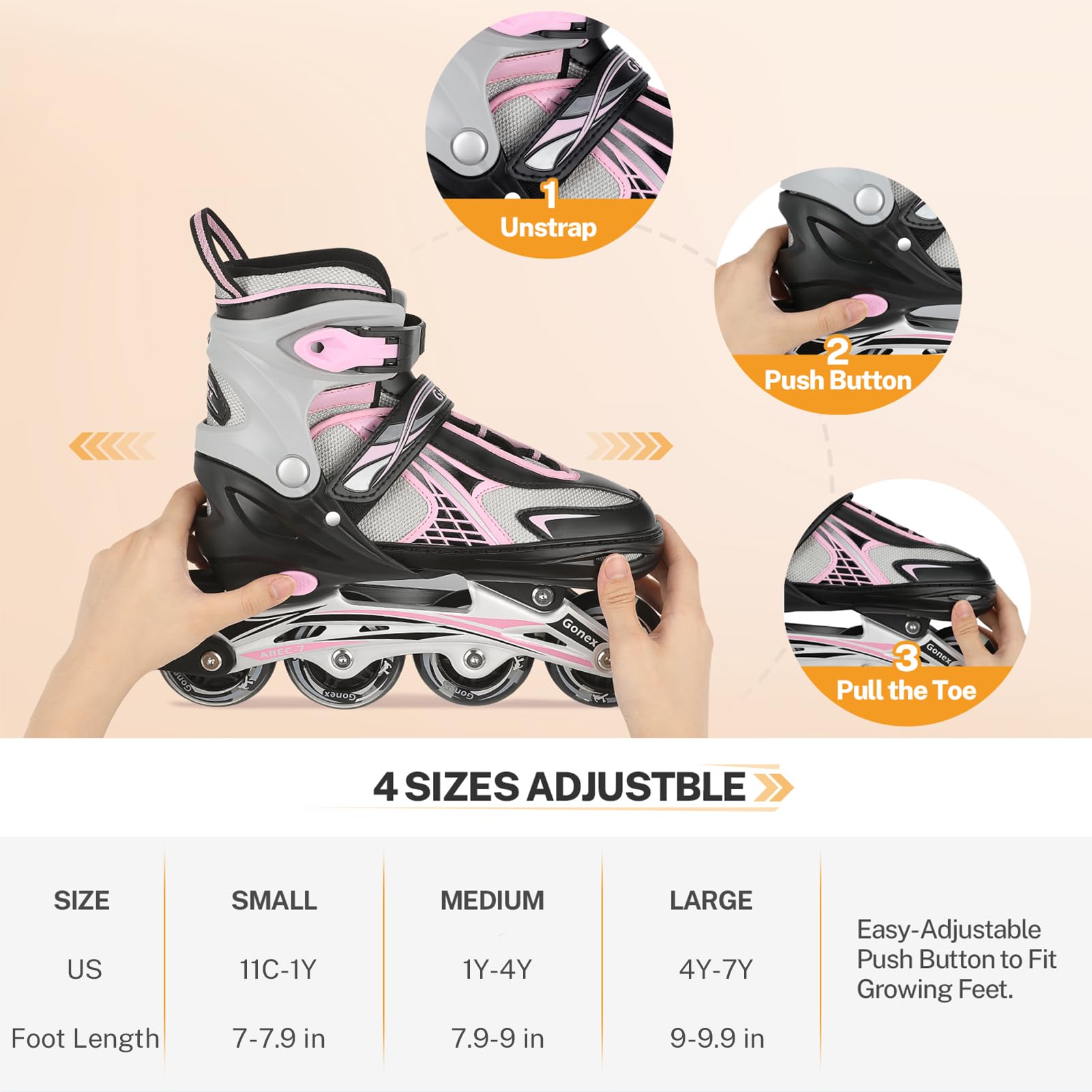 Gonex size adjustment slider demonstrating easy growth expansion