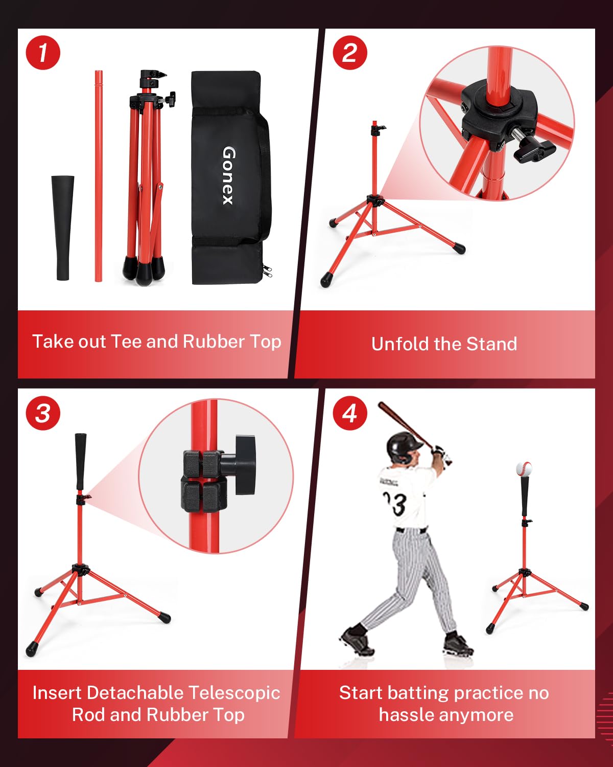 Gonex beside baseball bat showing height range and scale