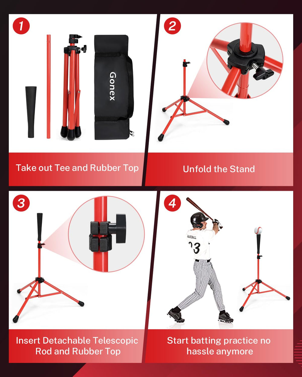 Gonex beside baseball bat showing height range and scale
