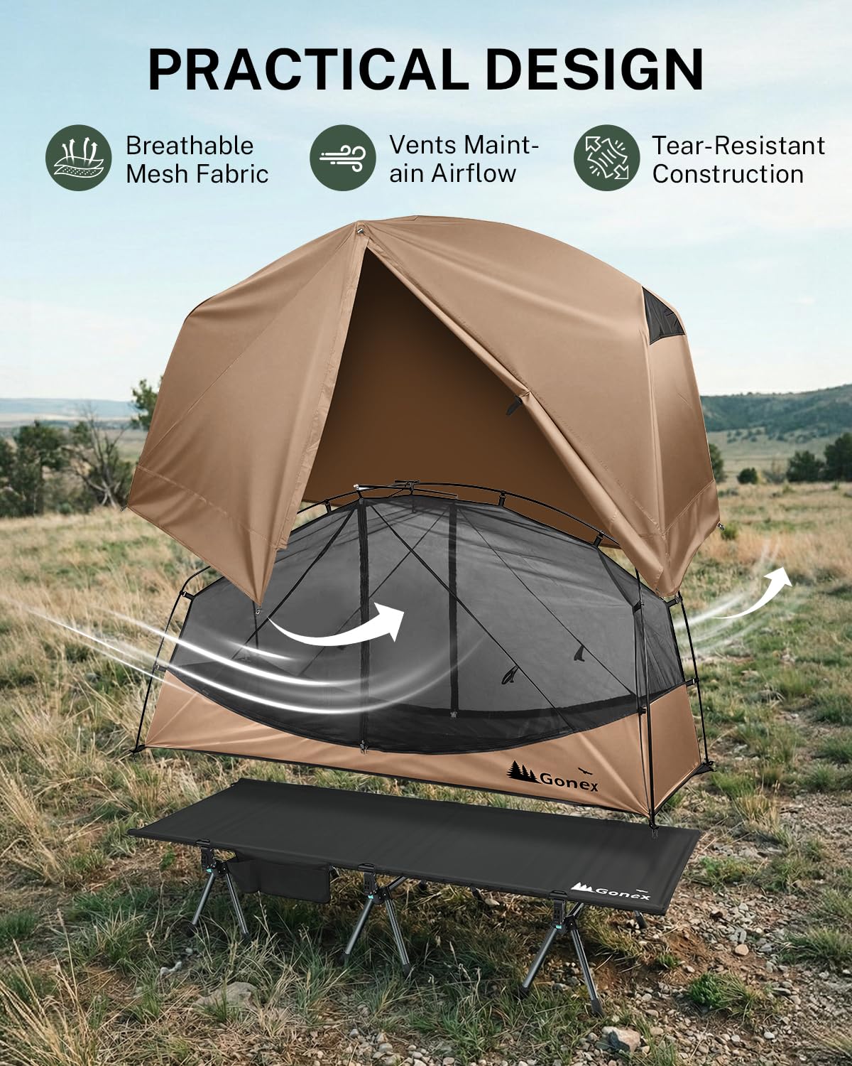 Gonex waterproof fly closeup showing rain protection and durability