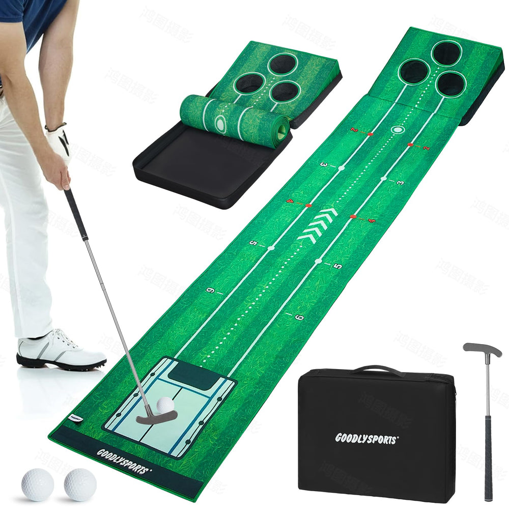 GOODLYSPORTS putting mat front view showing full 90x18 layout for convenient practice