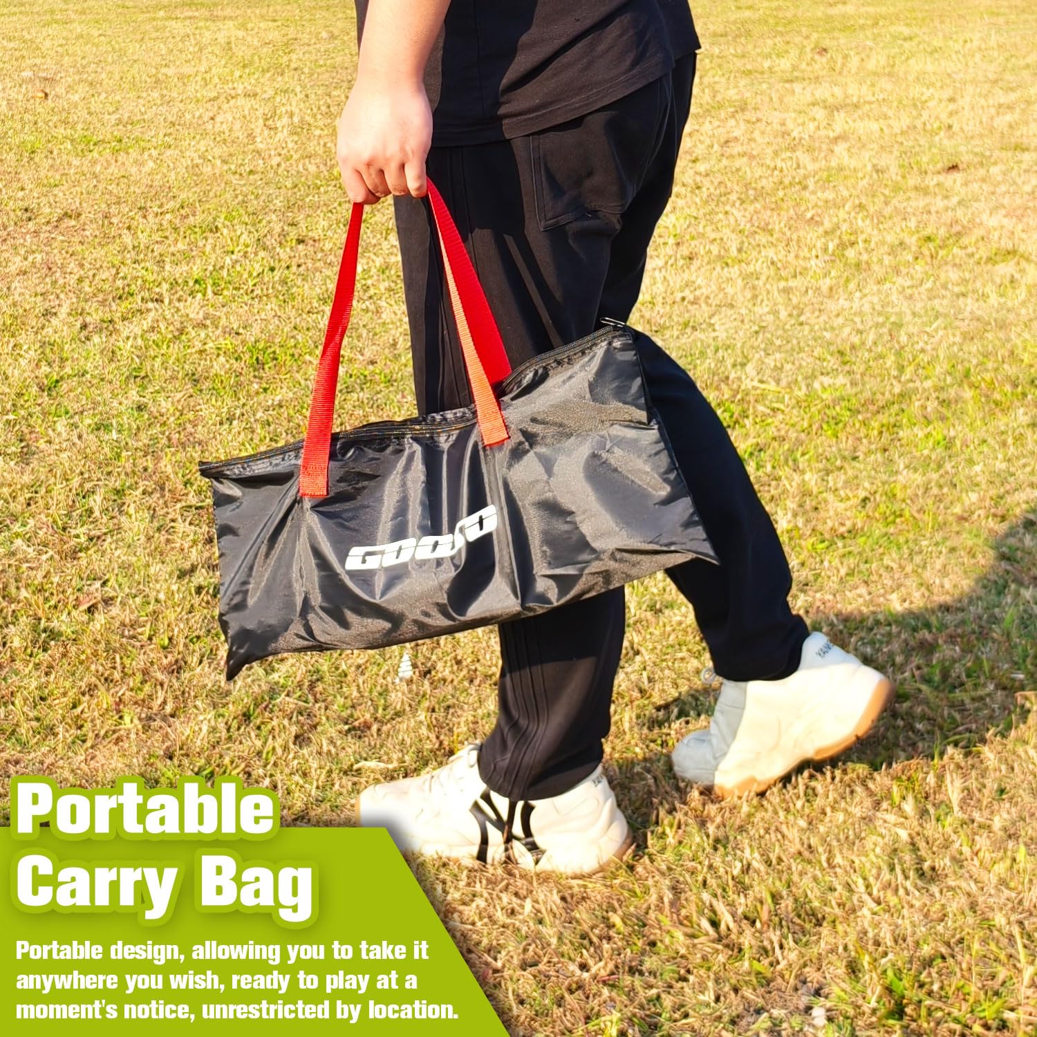 GOOSO size comparison with hand showing portability and quick storage
