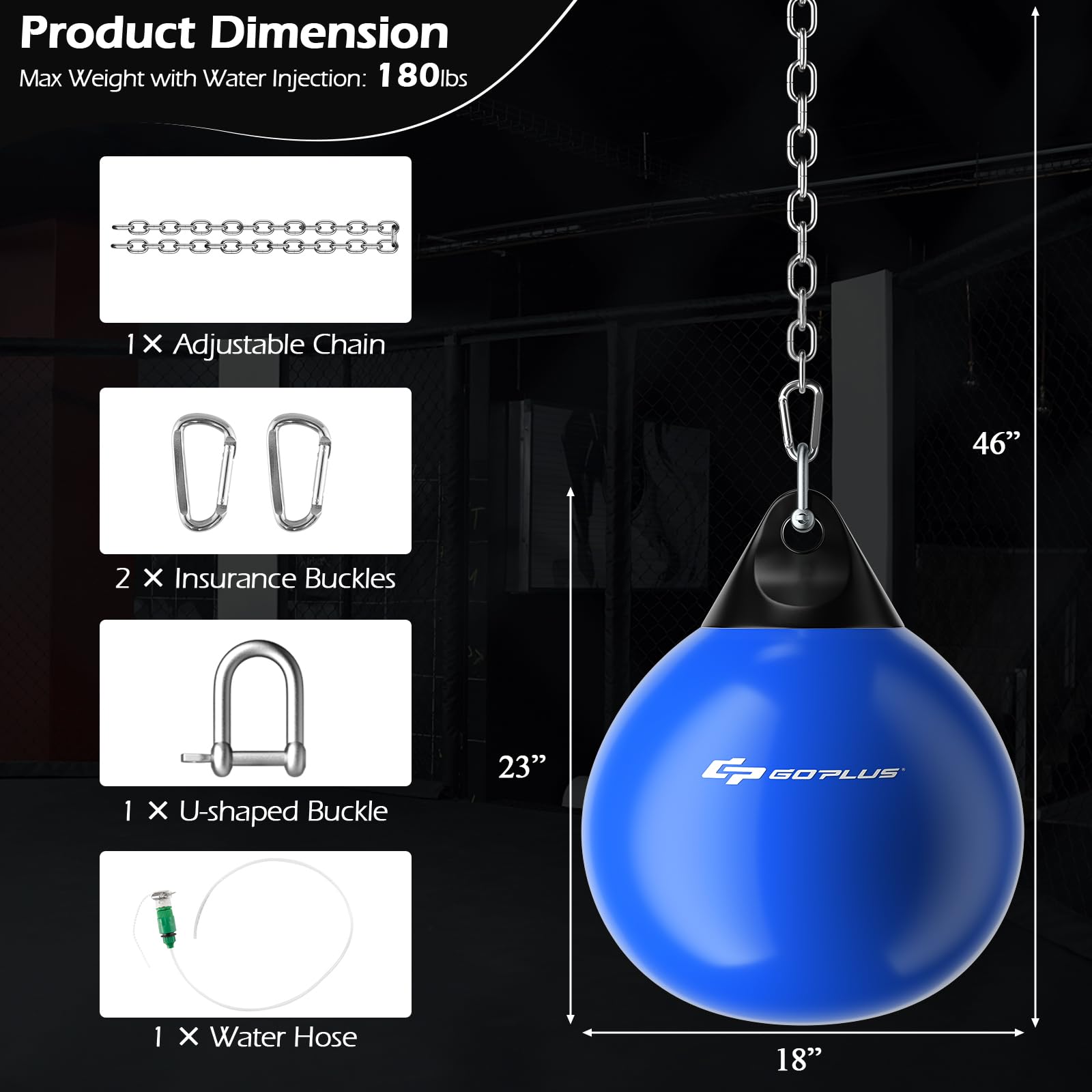 Goplus water injection hose attached illustrating quick fill and adjustable weight convenience