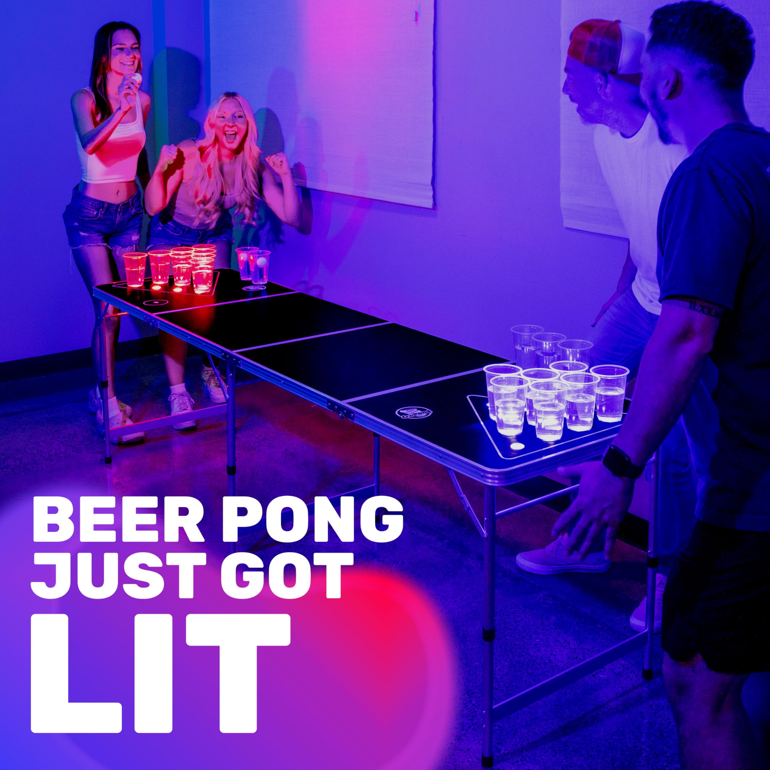 GoPong LED lighting close-up highlighting illuminated cup targets for night play