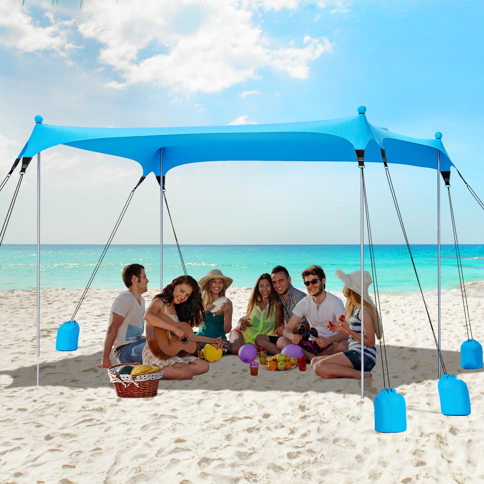 Gorich front view of canopy on beach showing roomy shade benefit
