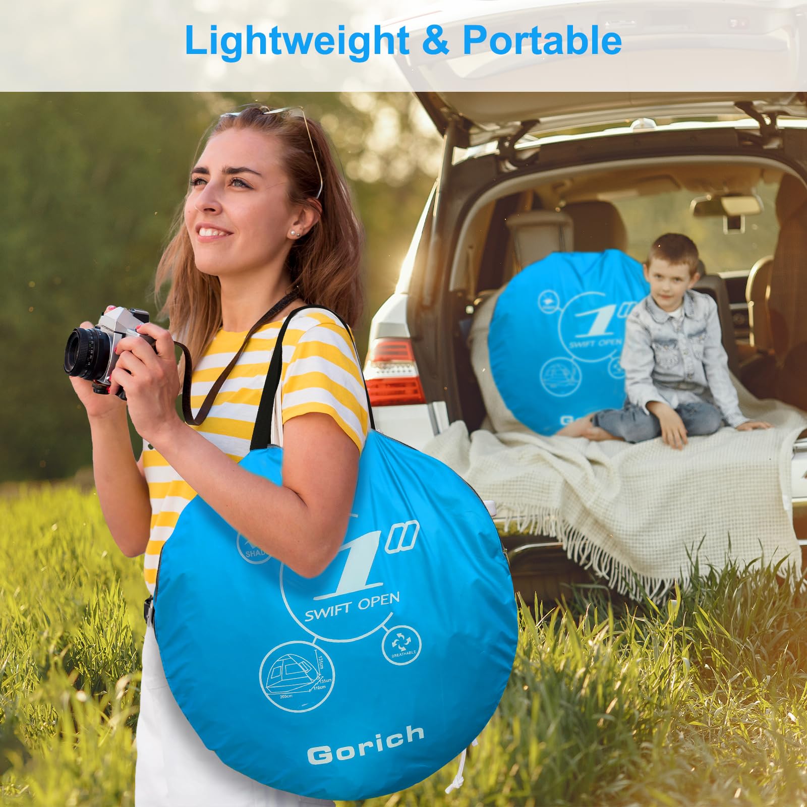 Gorich tent size comparison with two adults and children for scale