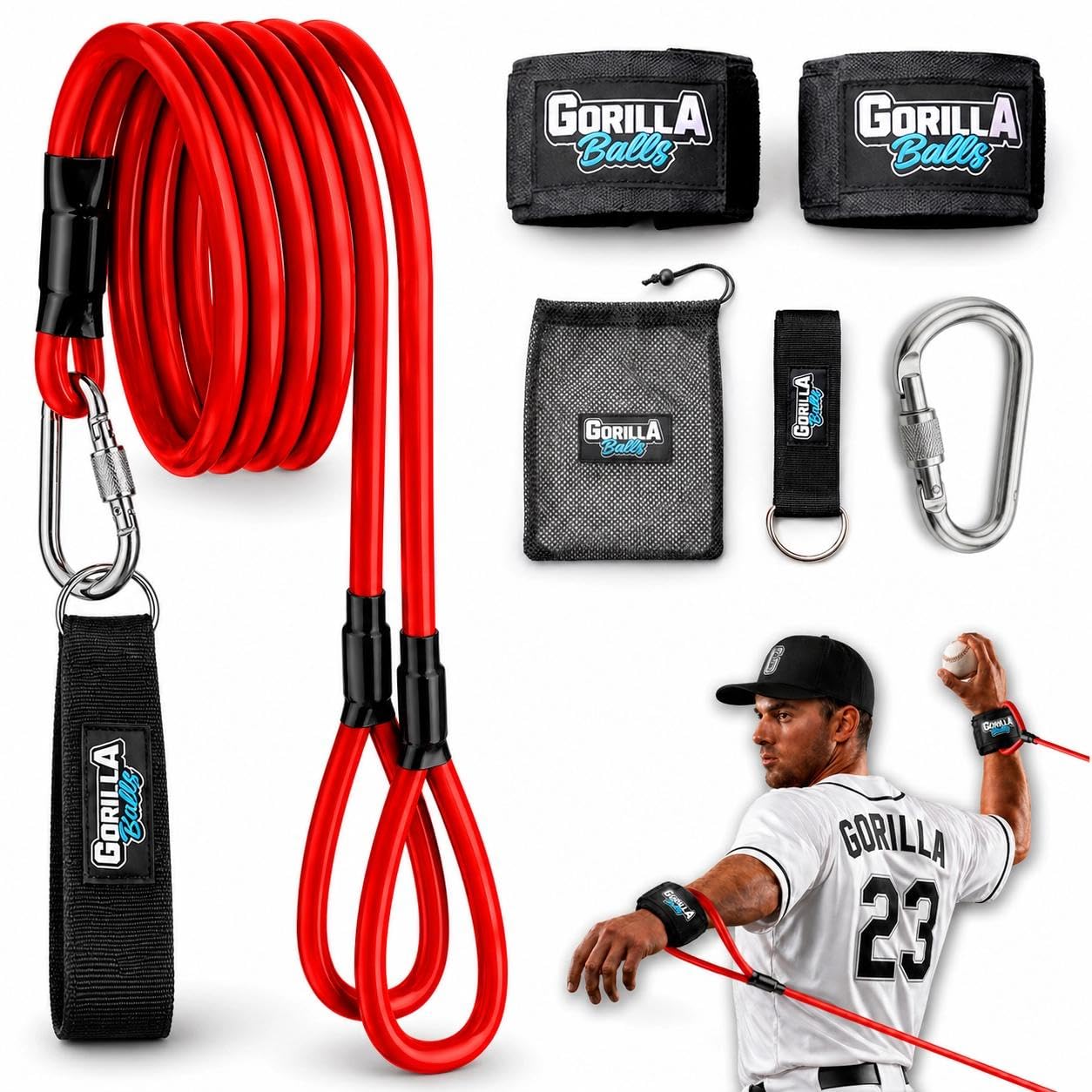 Gorilla Balls front package showing the full resistance band kit and benefits