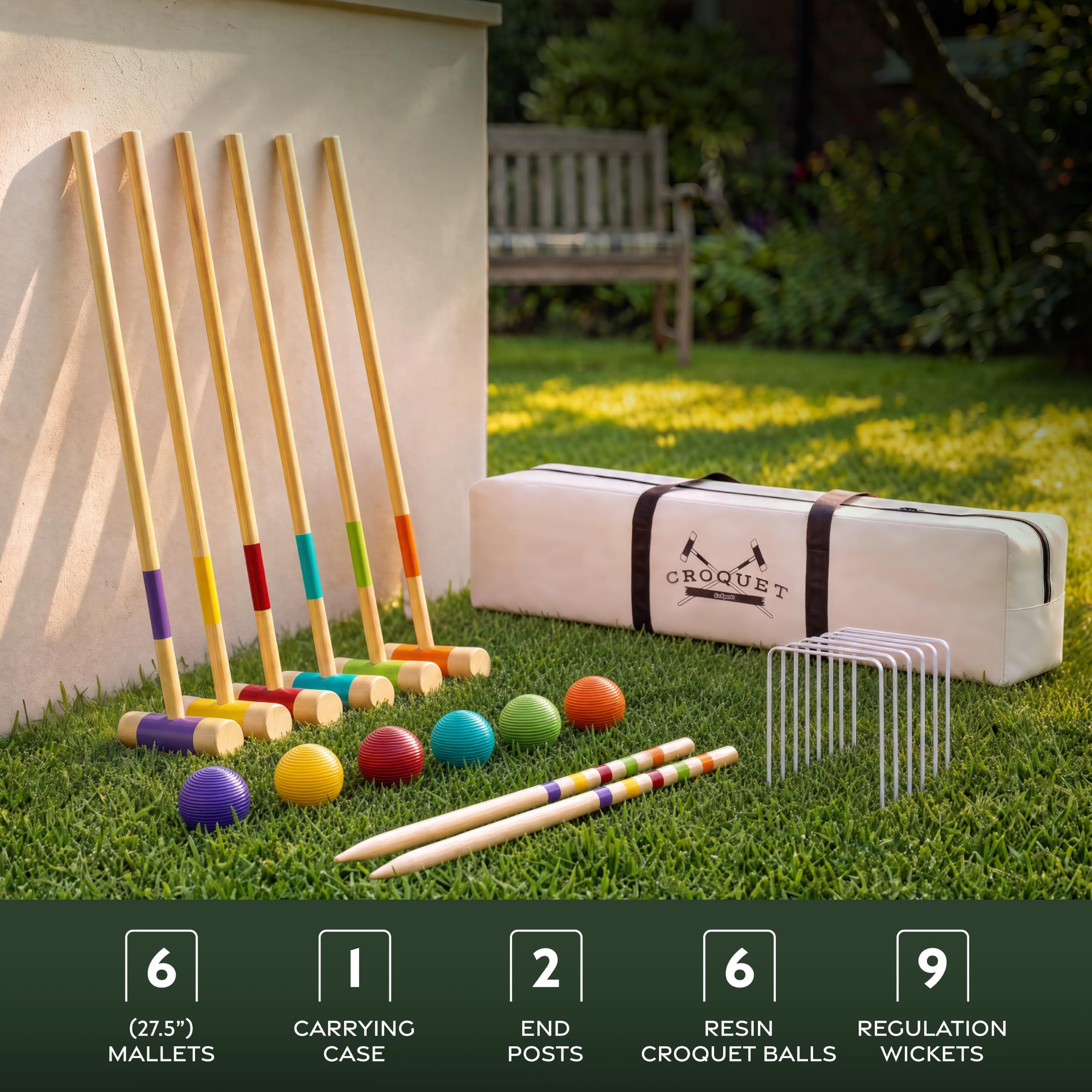 GoSports colored croquet balls arranged showing balanced weight and predictable roll benefit
