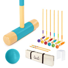 GoSports croquet set front view showing full contents and easy setup benefit