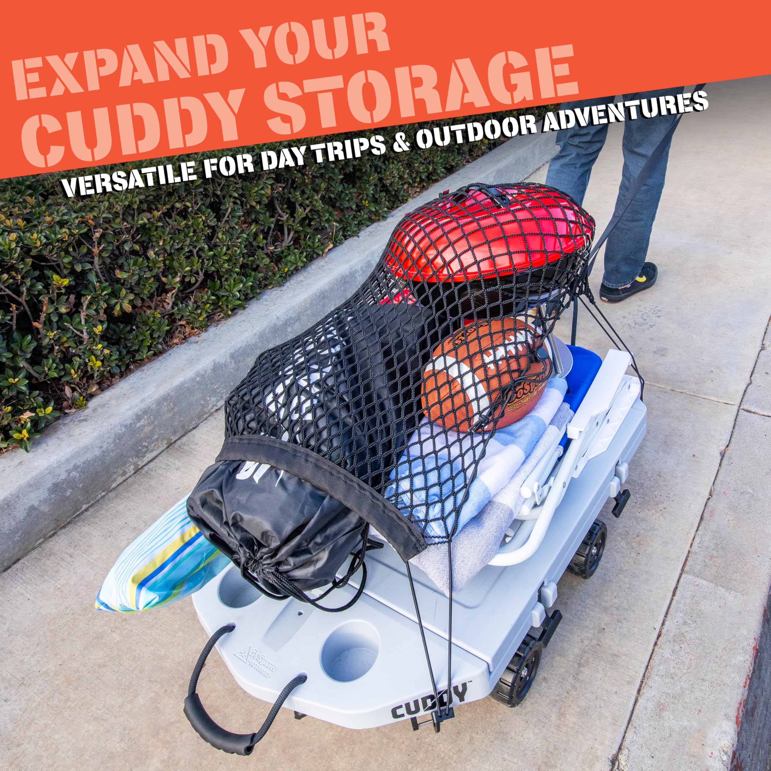 GoSports Cargo Net on cooler next to backpack showing size and capacity benefit