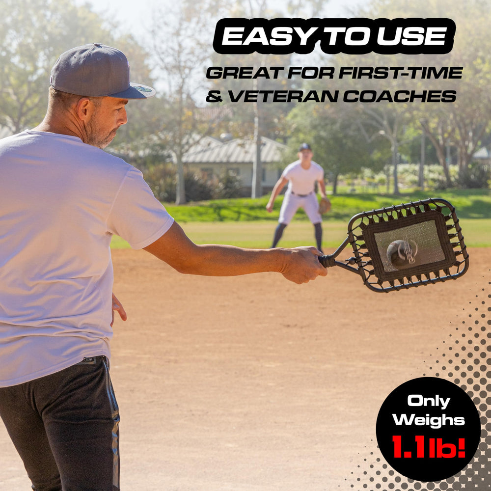 GoSports racket driving a grounder to infielder in practice, speeds fielding repetitions