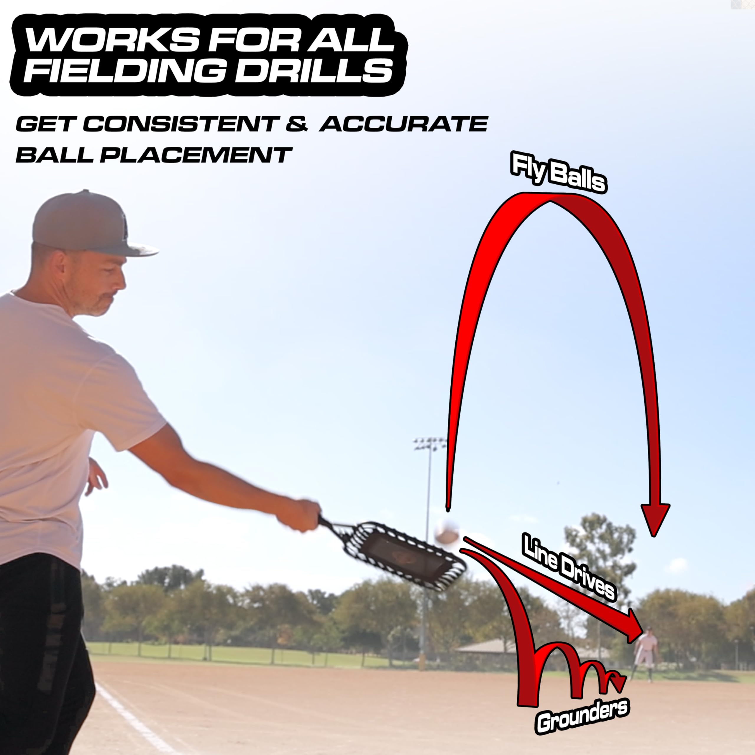 GoSports racket sending a pop fly to outfielder, helps coaches deliver repeatable feeds