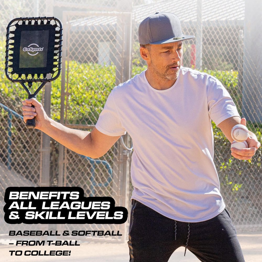 GoSports racket beside a baseball showing scale and lightweight 16 oz design benefit