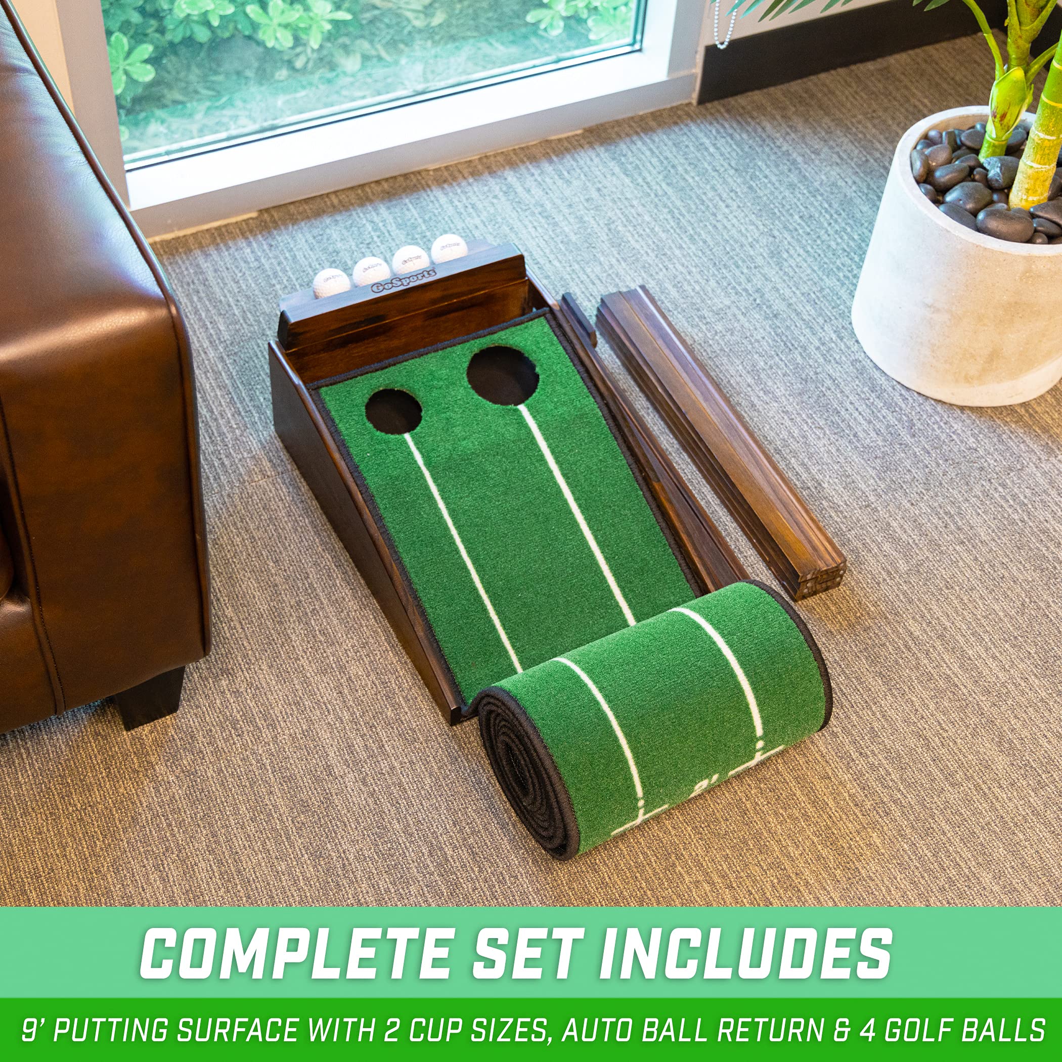 GoSports in-use office setting with user practicing putts for convenient training