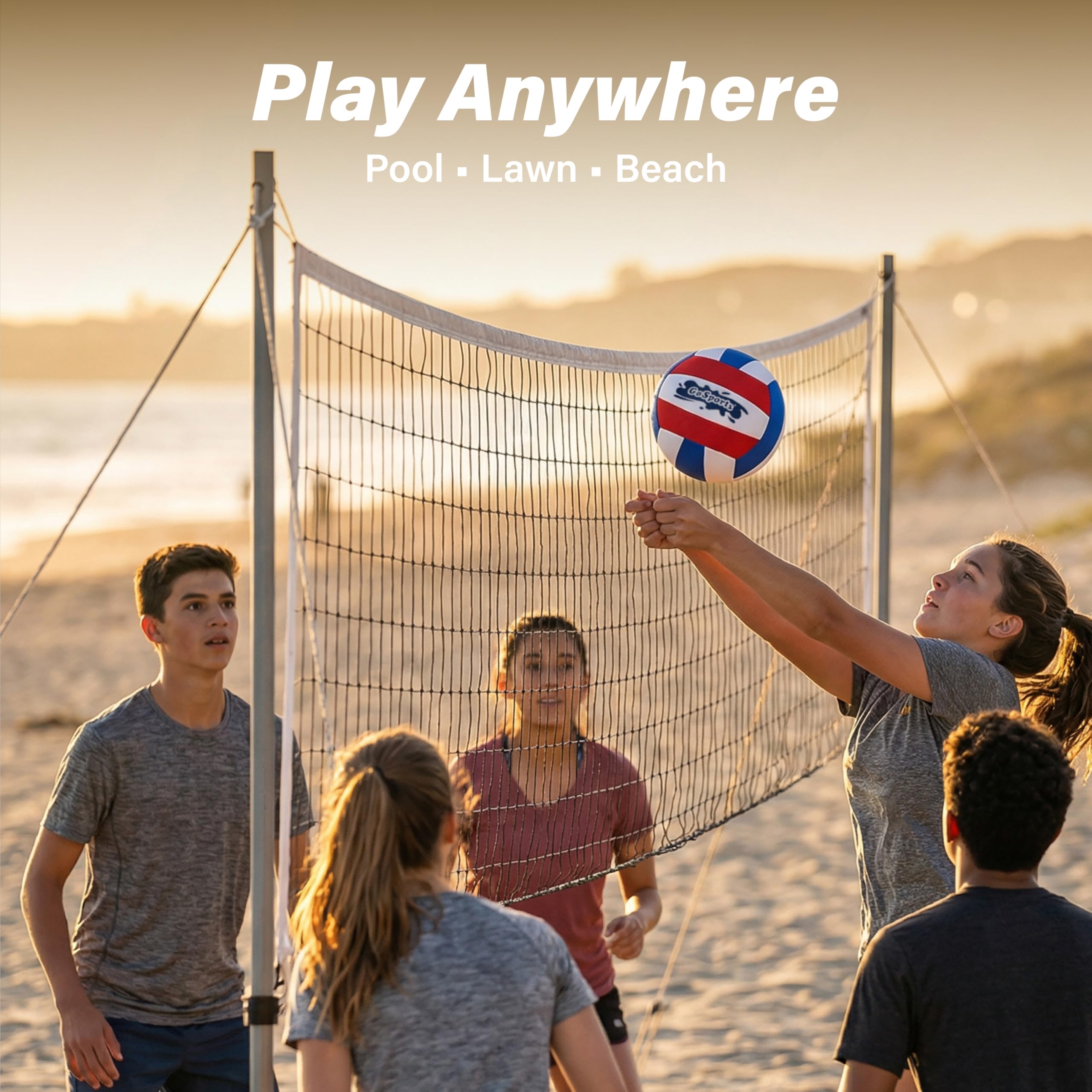GoSports volleyball on sand with players, ideal for beach gatherings