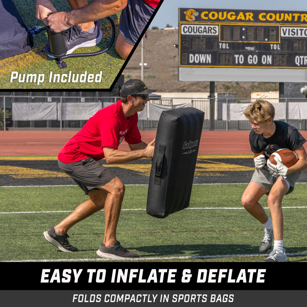 GoSports blocking pad used in a football drill demonstrating realistic contact practice