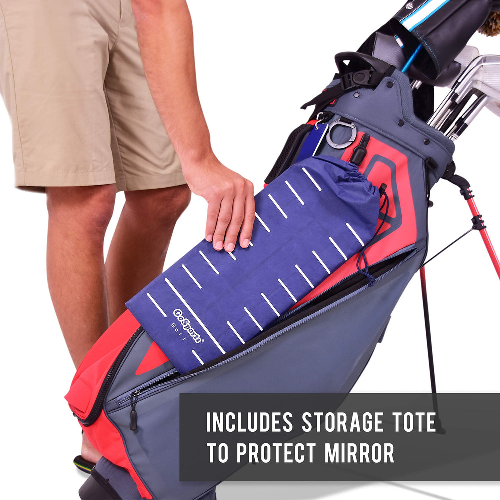 Golfer using GoSports mirror on a putting green to build consistent tempo