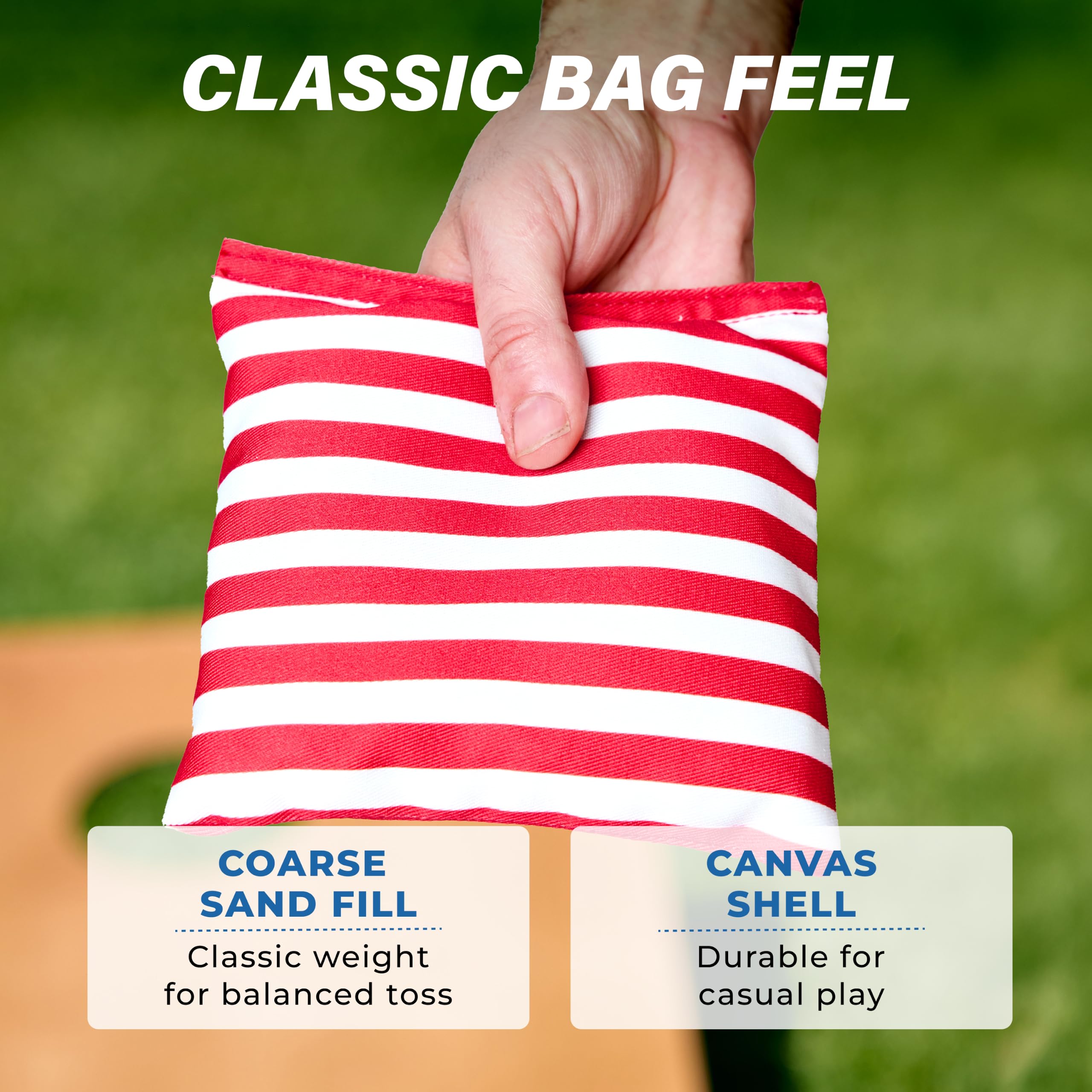 GoSports bag held in hand showing 6x6 regulation size and accurate weight