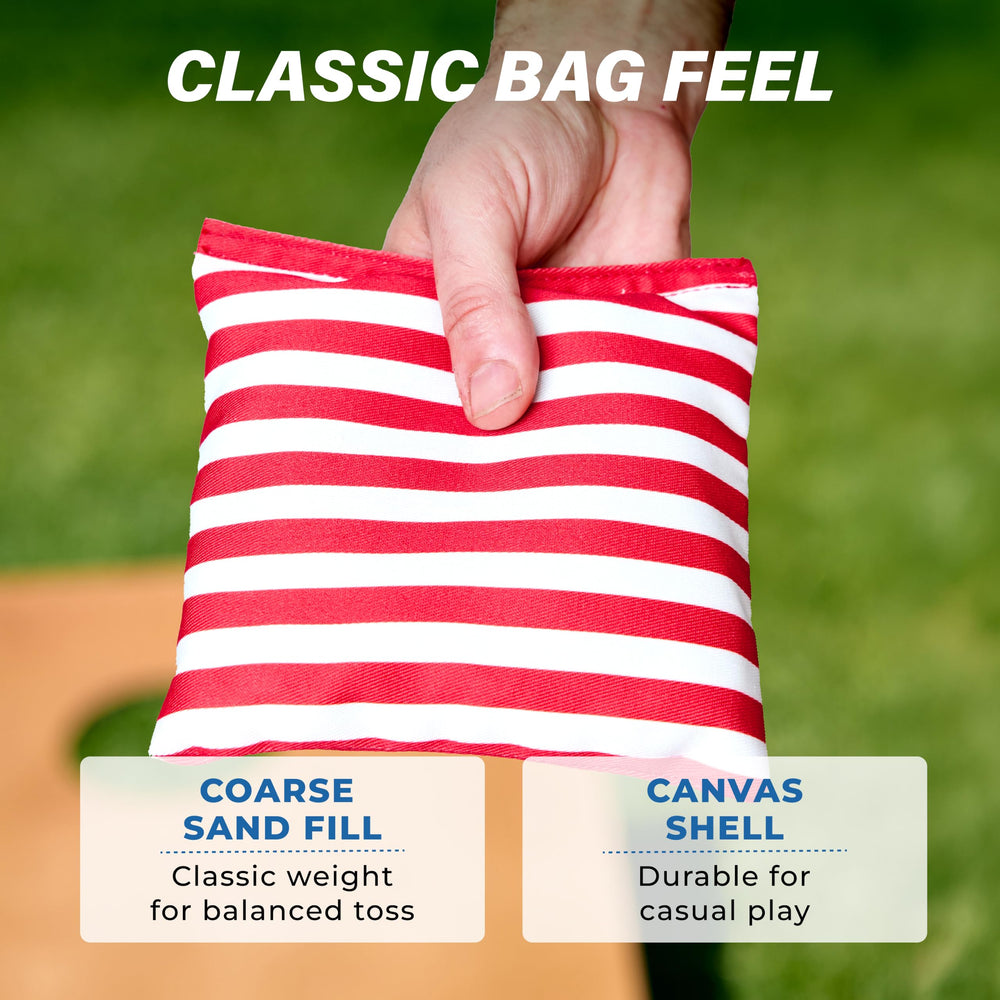 GoSports bag held in hand showing 6x6 regulation size and accurate weight