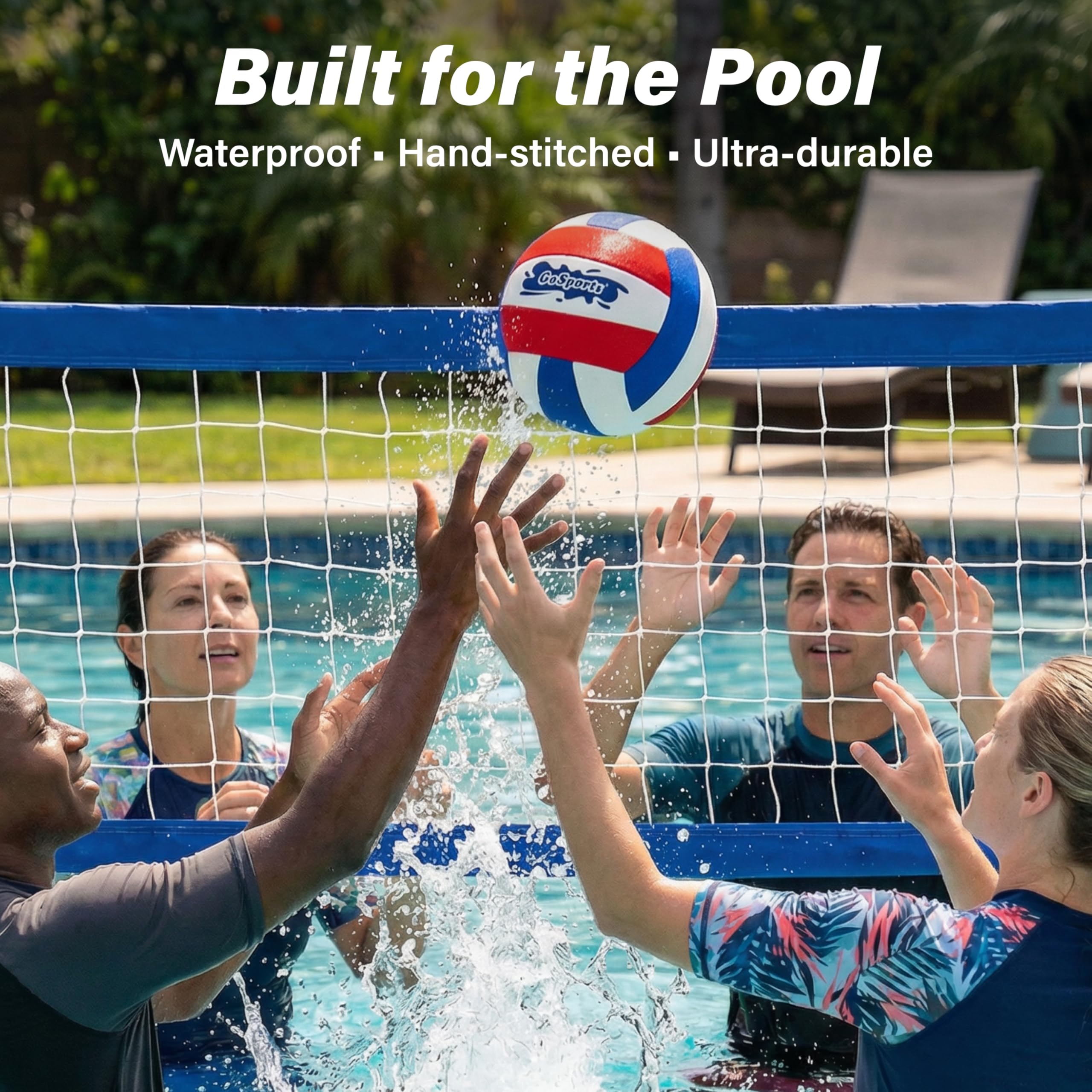 GoSports volleyball floating in pool during play, promotes splash-friendly fun