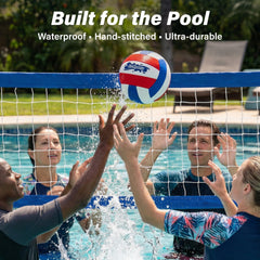 GoSports volleyball floating in pool during play, promotes splash-friendly fun
