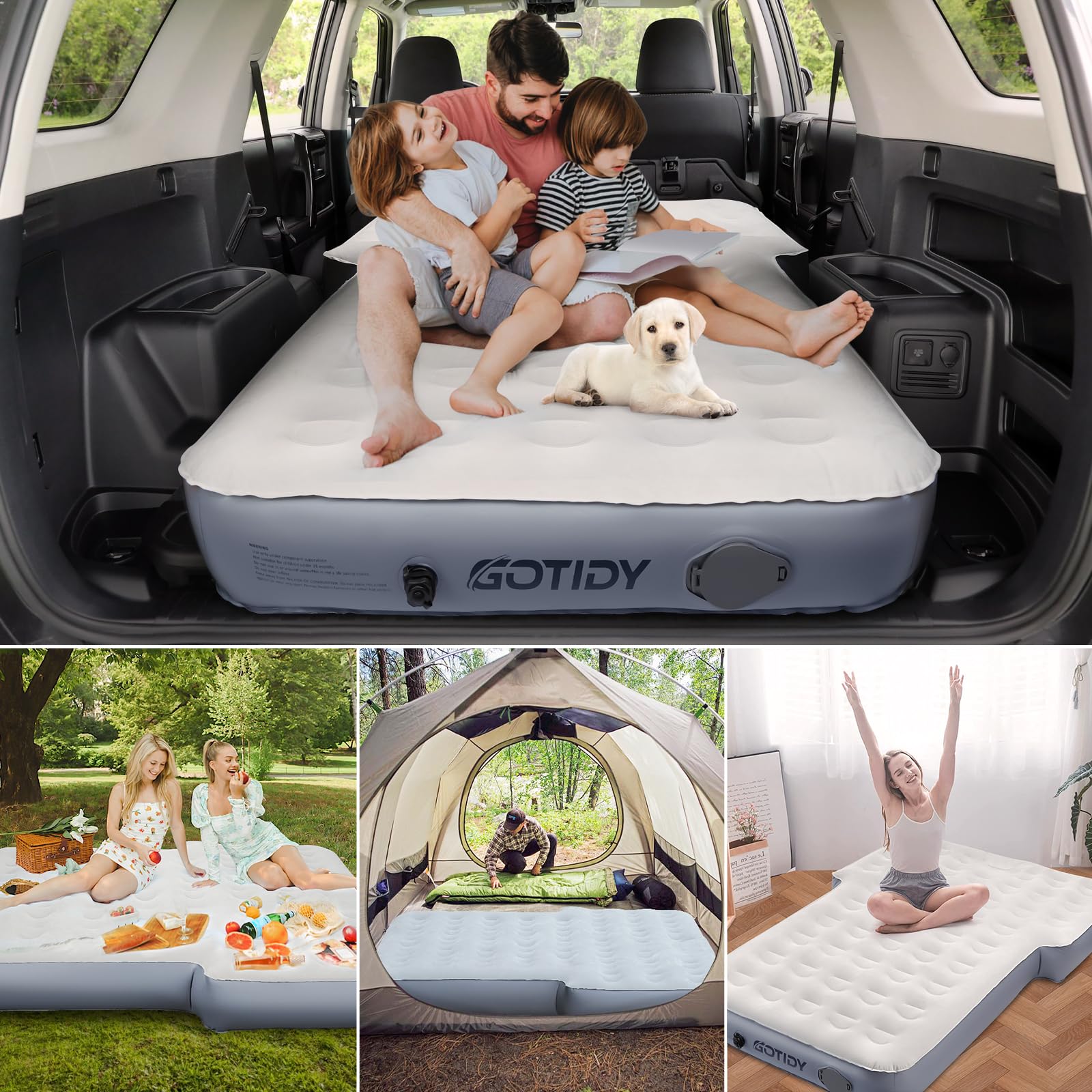GOTIDY mattress in SUV at campsite, creates comfortable overnight setup