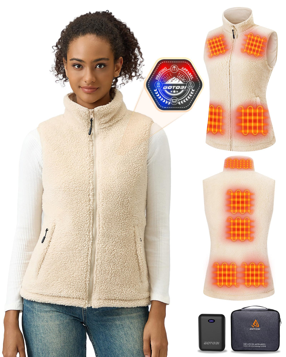 GOTOBI front view of heated fuzzy sherpa vest showing heating zones and flattering fit