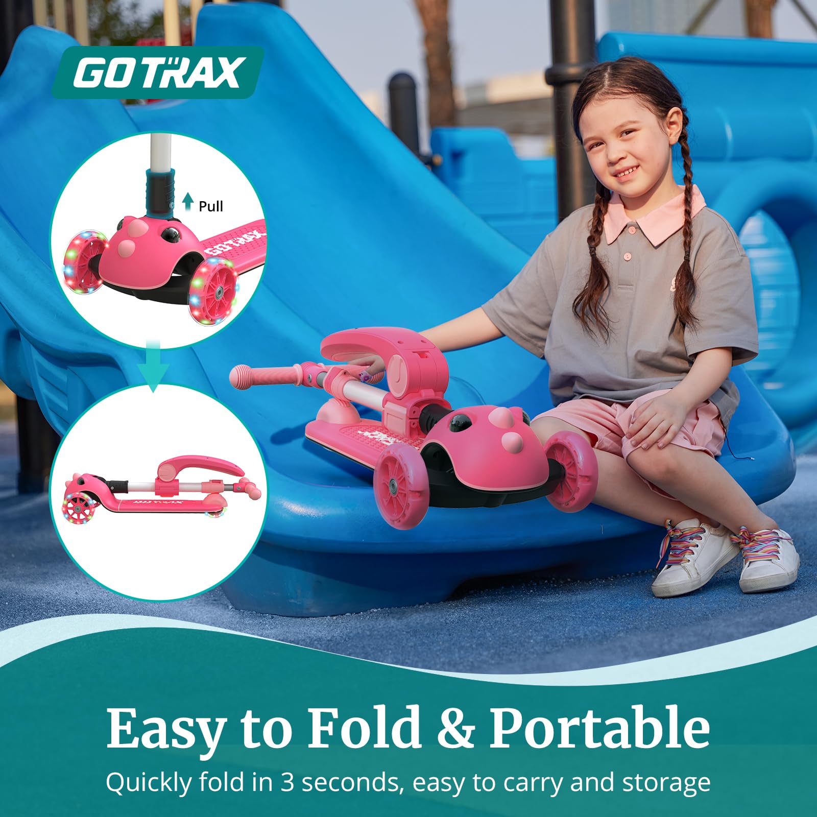 Gotrax KS3 Pro LED wheel close-up highlighting bright lights for visibility and fun