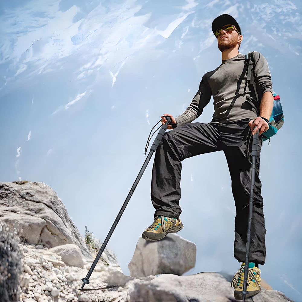 GOUTIME pole next to backpack showing size and lightweight portability benefit