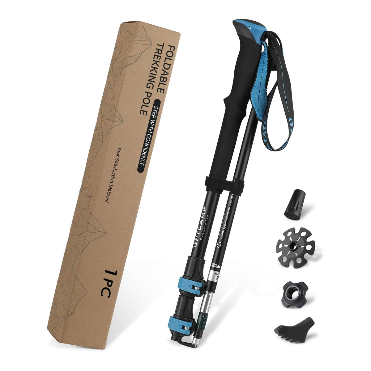 GPTCAMP front view of full trekking pole showing compact design and portability