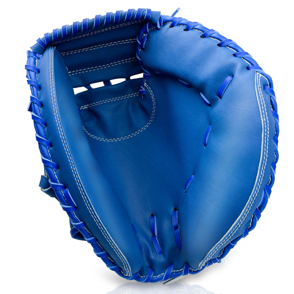 Gracfulcub front view of blue mitt showing durable synthetic leather and fit