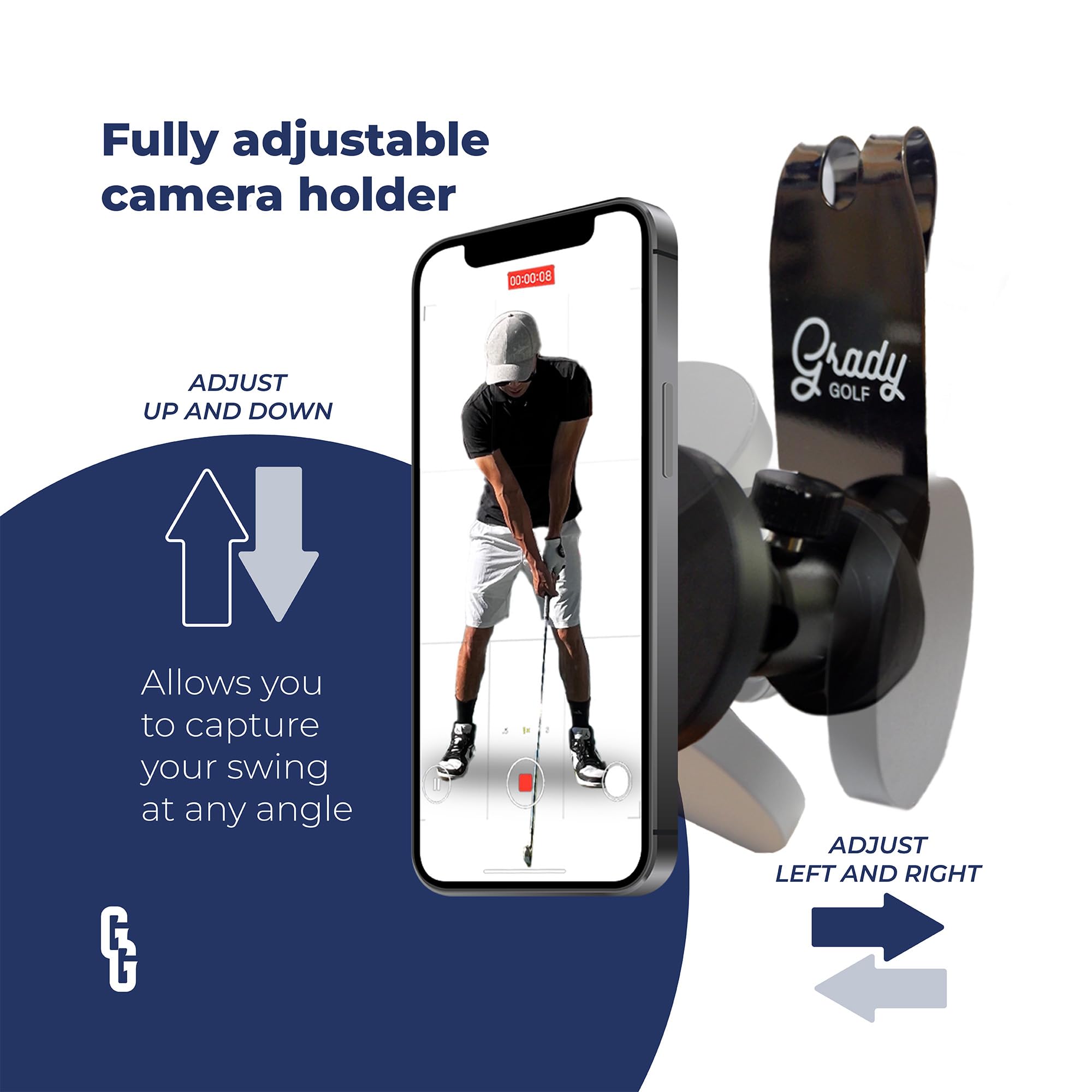Grady Golf in use mounted on golf bag for hands-free swing capture