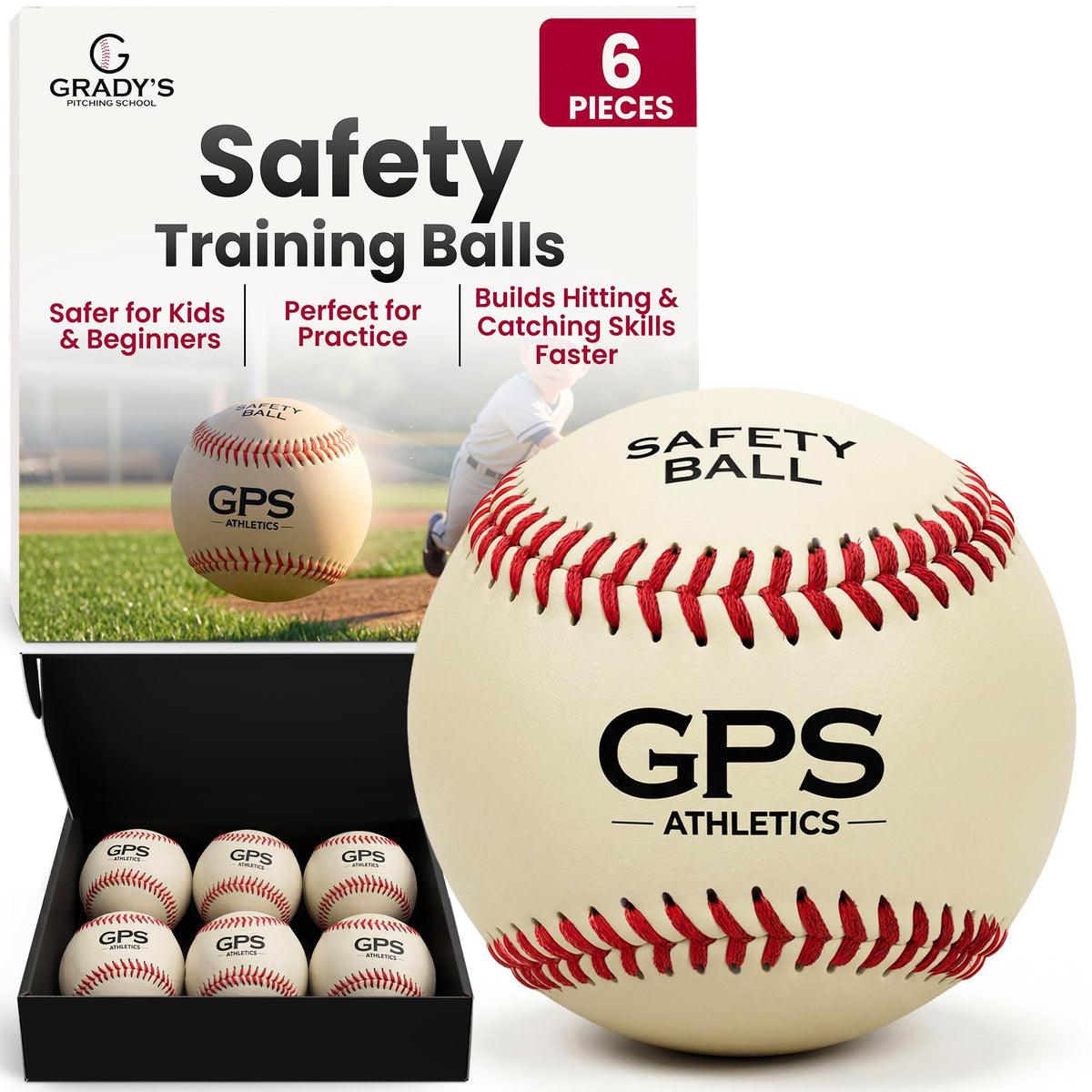 Grady's Pitching School soft baseballs front packaging showing six balls and branding, promotes easy selection