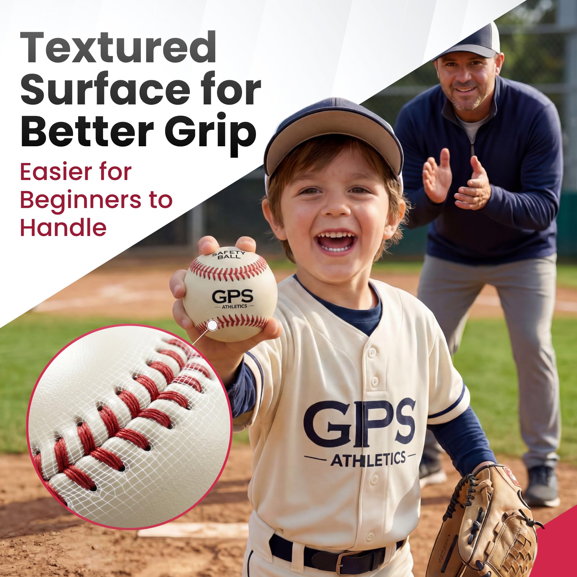 Grady's Pitching School ball in an adult hand for size comparison, clarifies scale for coaches and parents
