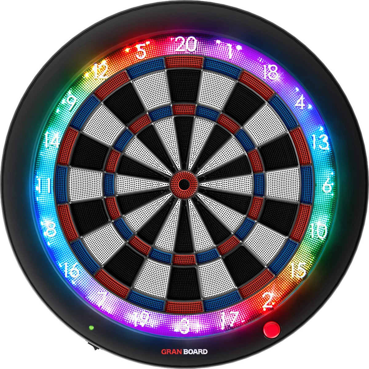 GranBoard front view blue showing LED ring and play-ready board for connected games