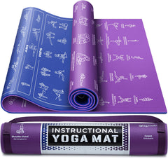 GRAND BASICS front view of instructional yoga mat showing pose illustrations and dual-color benefit