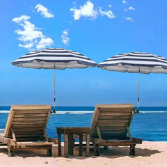 GRANDMEI striped parasol front view showing compact, portable shade