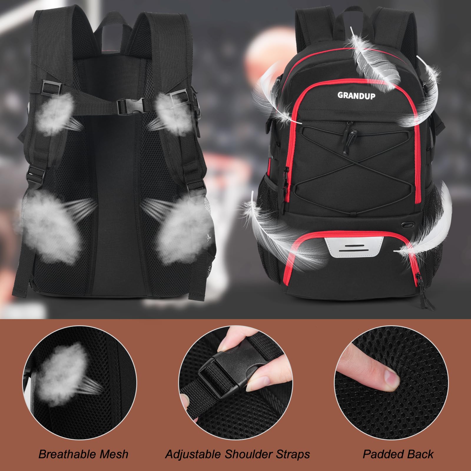 GRANDUP open ball pocket holding a full-size basketball for secure transport