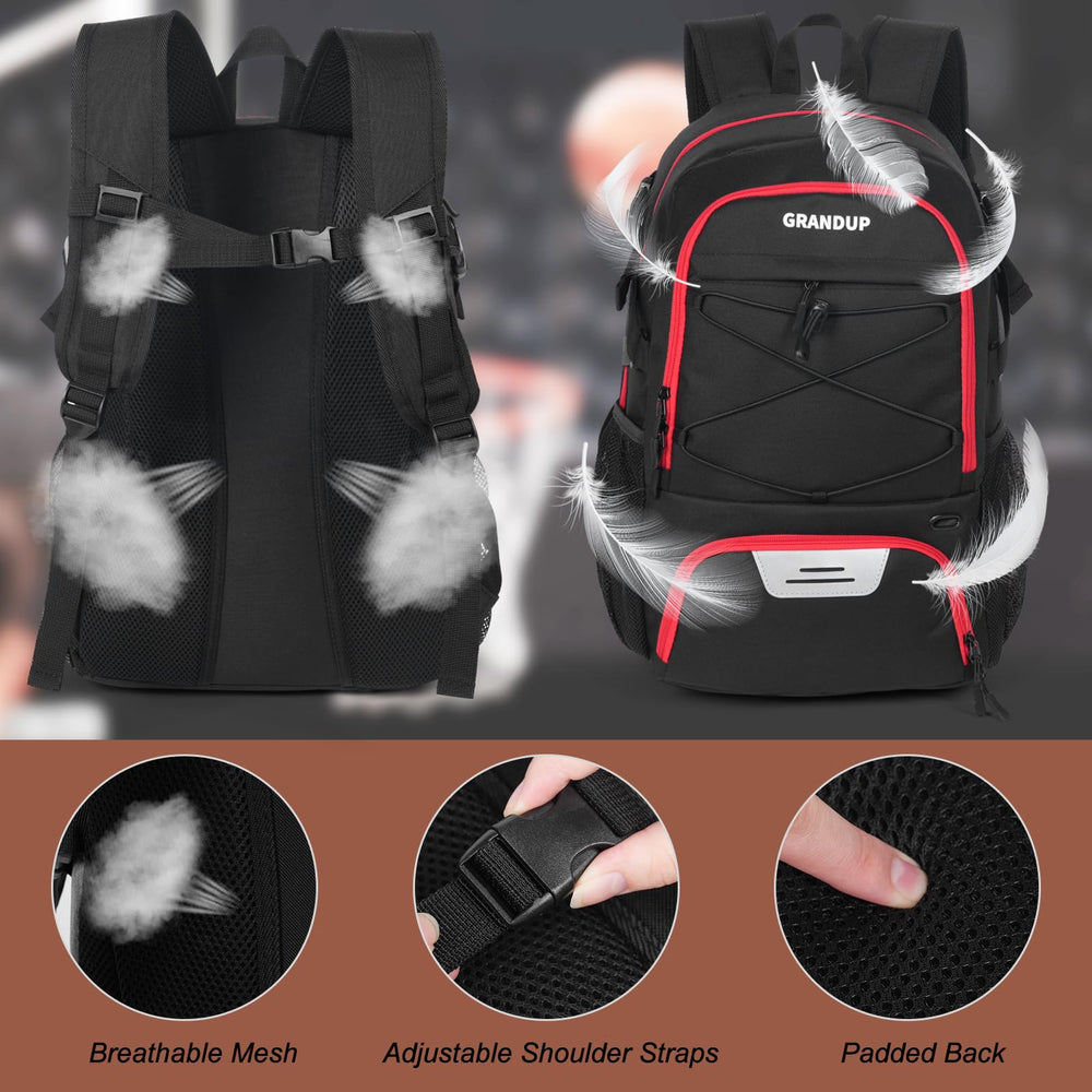GRANDUP open ball pocket holding a full-size basketball for secure transport