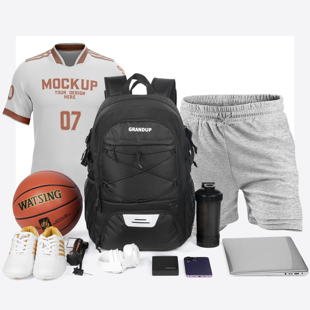 GRANDUP backpack on court with ball and shoes showing practical use