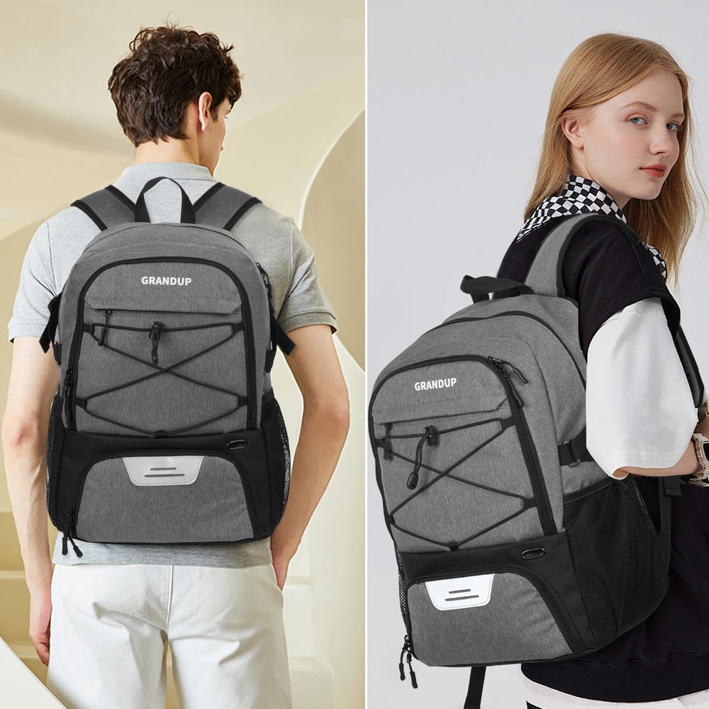 GRANDUP bag beside sports gear and laptop to show real-world capacity