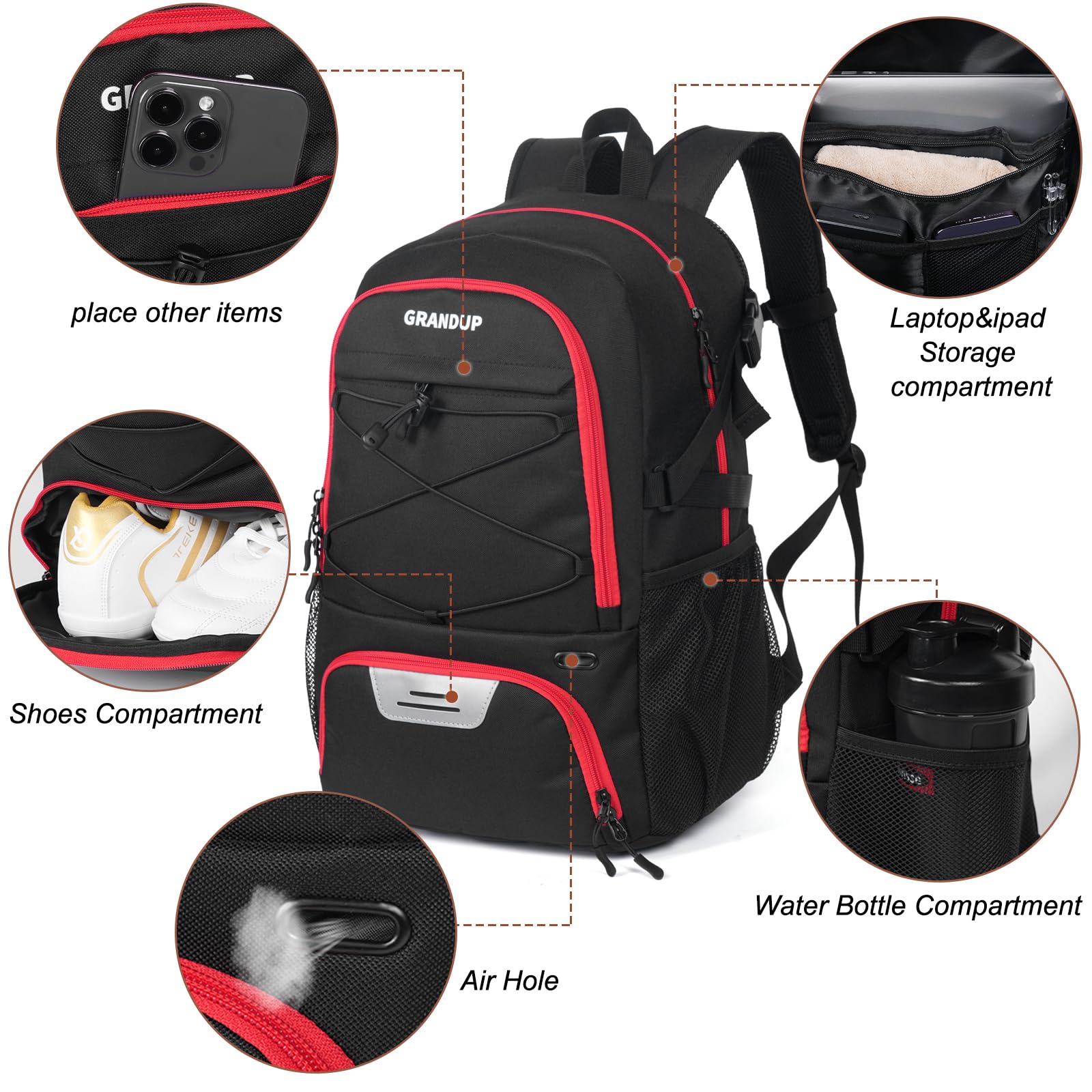 GRANDUP ventilated shoe pocket keeping shoes separated and airflow to reduce odor