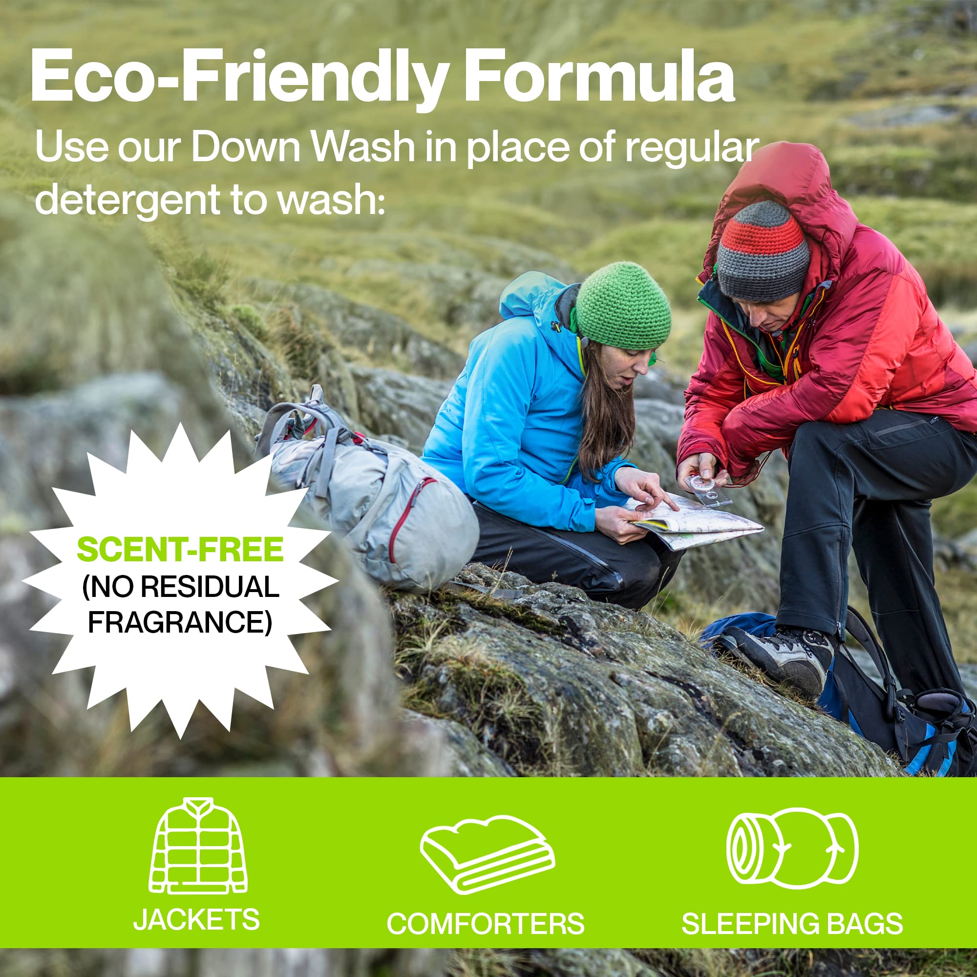 Granger's jacket and backpack on hiker, lifestyle shot shows water repellency benefit